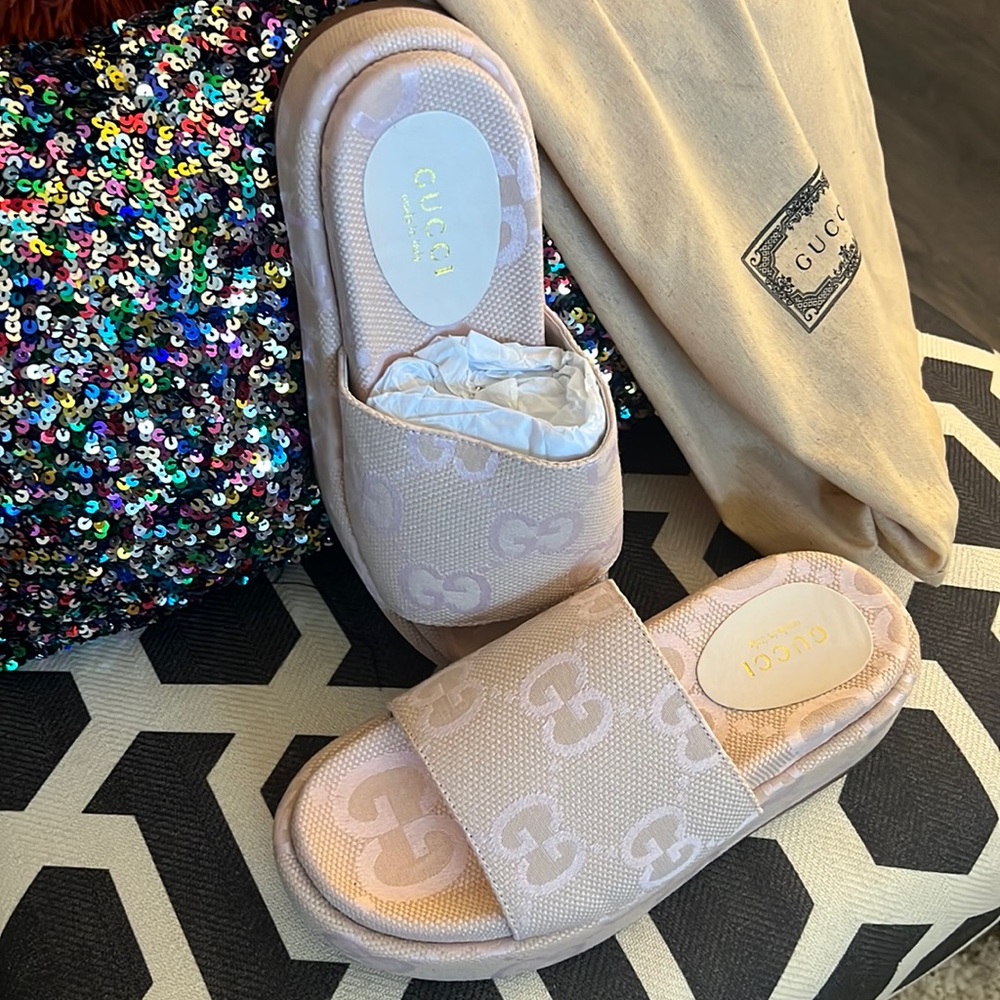 Sz 38/8US Faux Gucci Light Pink Platform Slides NEW